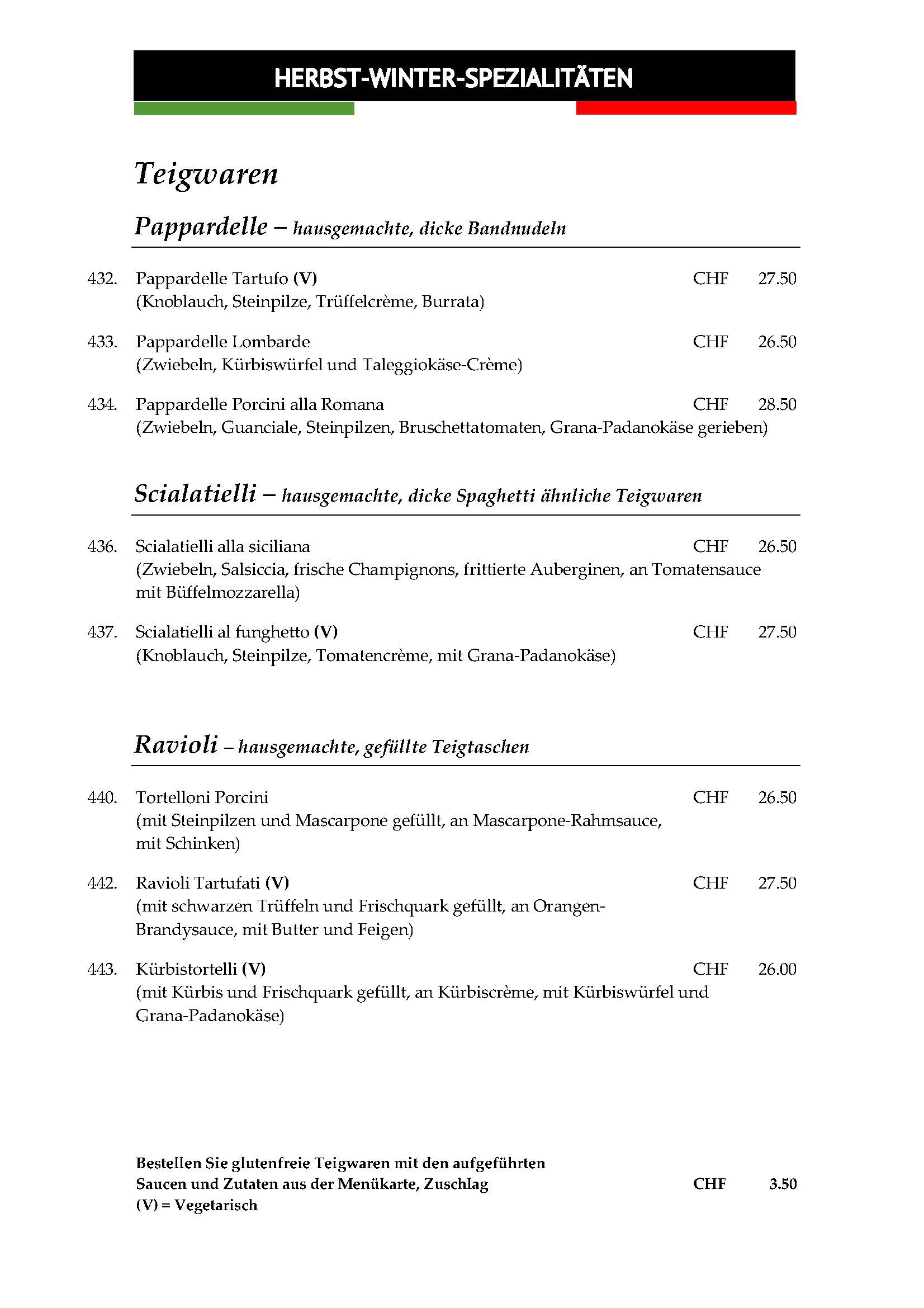 Teigwaren Pappardelle, Scialatielli, Ravioli Herbst-Winter 2025 im Ristorante Pizzeria und Catering Romana in Mönthal Aargau
