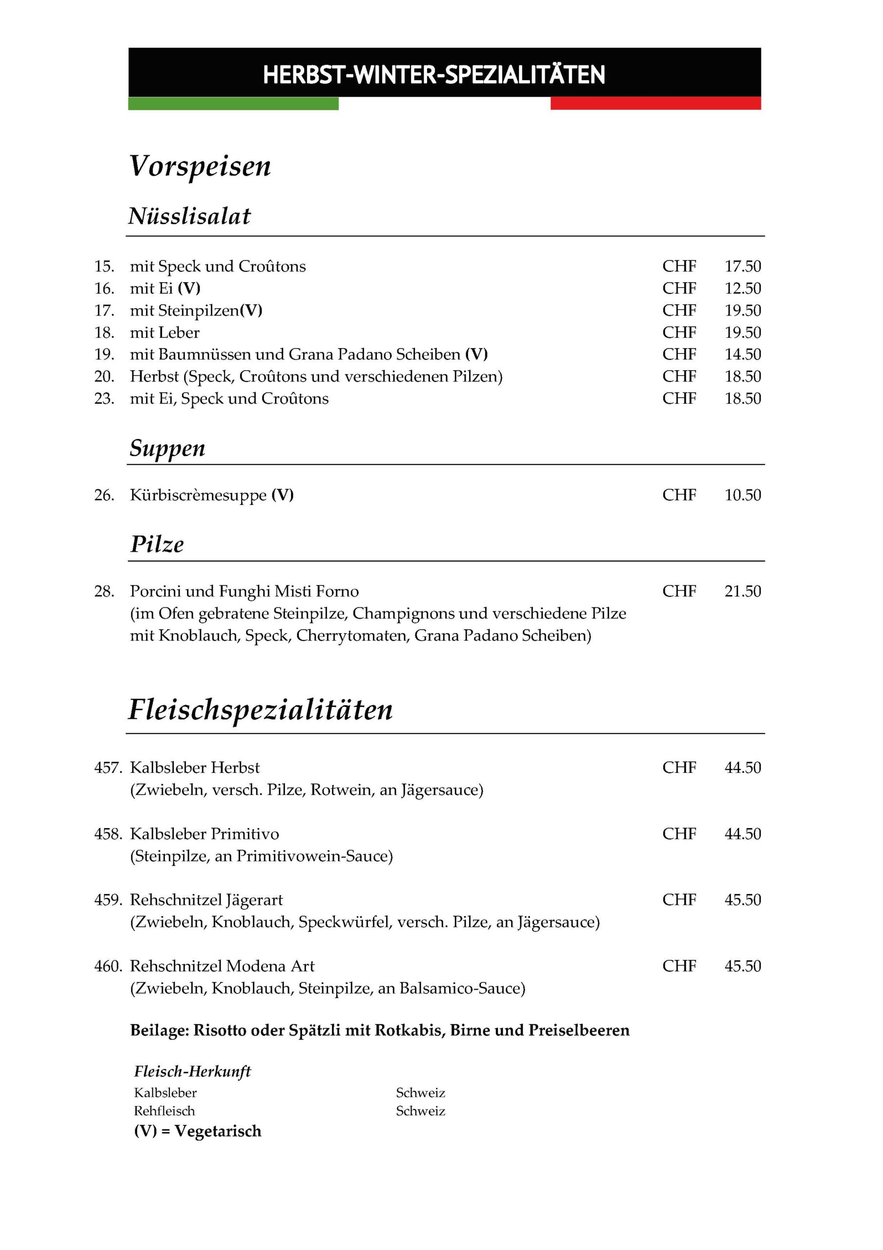 Vorspeisen und Fleischgerichte Herbst-Winter 2025 im Ristorante Pizzeria und Catering Romana in Mönthal Aargau
