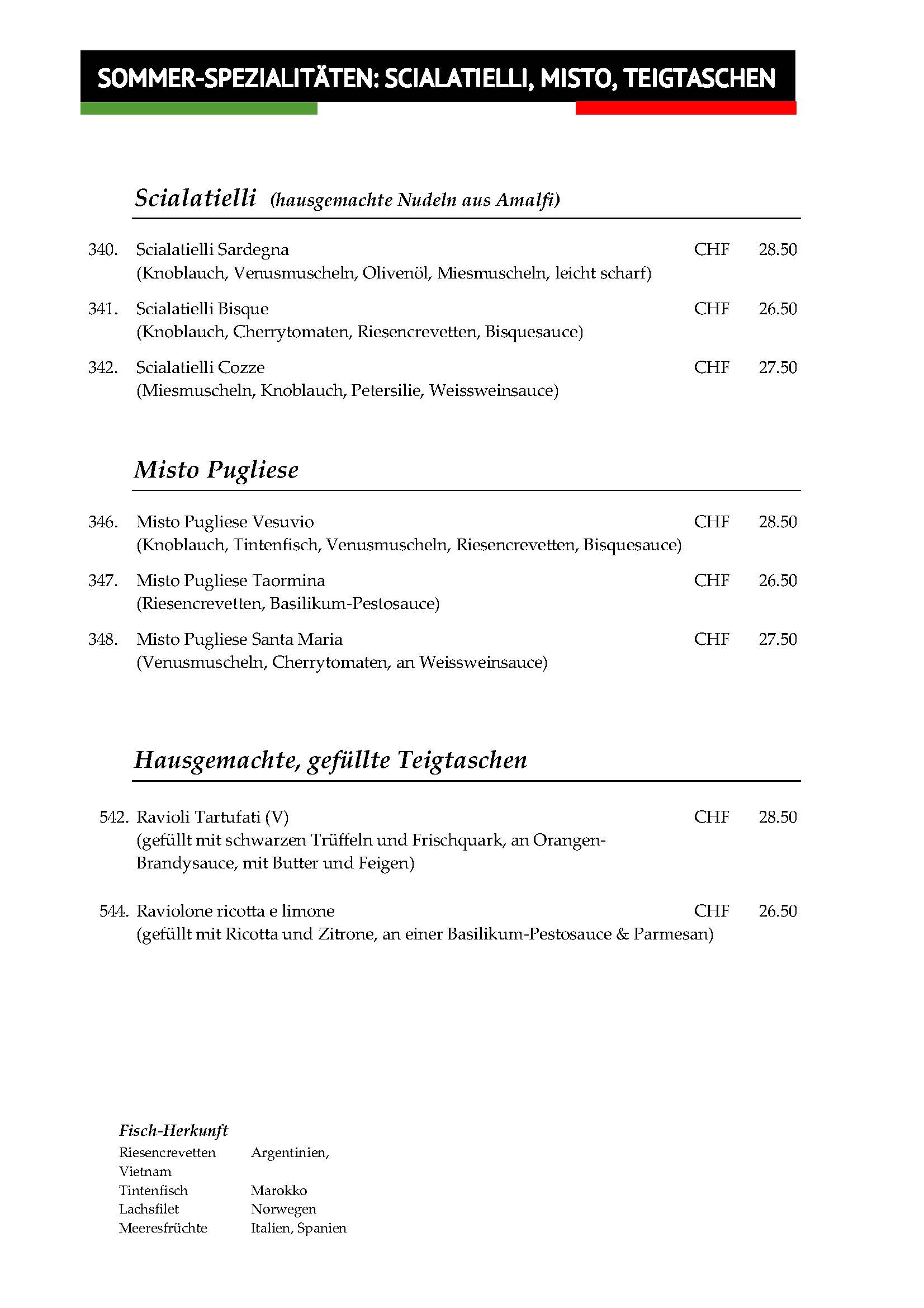 SOMMER Spezialitäten: Scialatielli, Misto, Teigtaschen 2026 - Ristorante Romana Mönthal Aargau