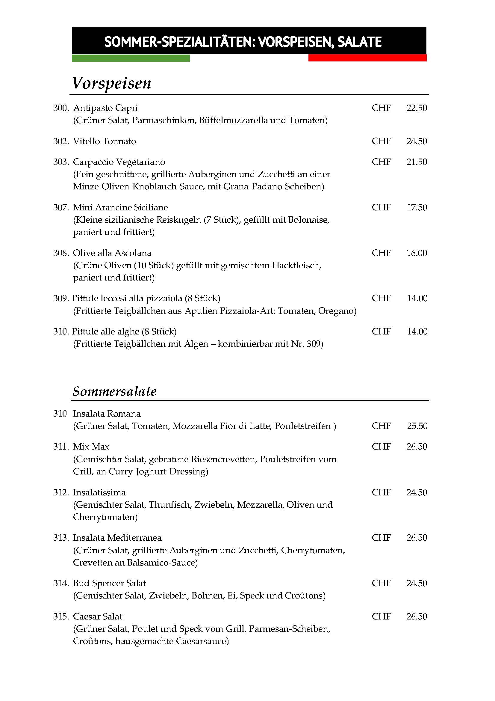 SOMMER Spezialitäten Vorspeisen und Salate 2026 - Ristorante Romana Mönthal Aargau